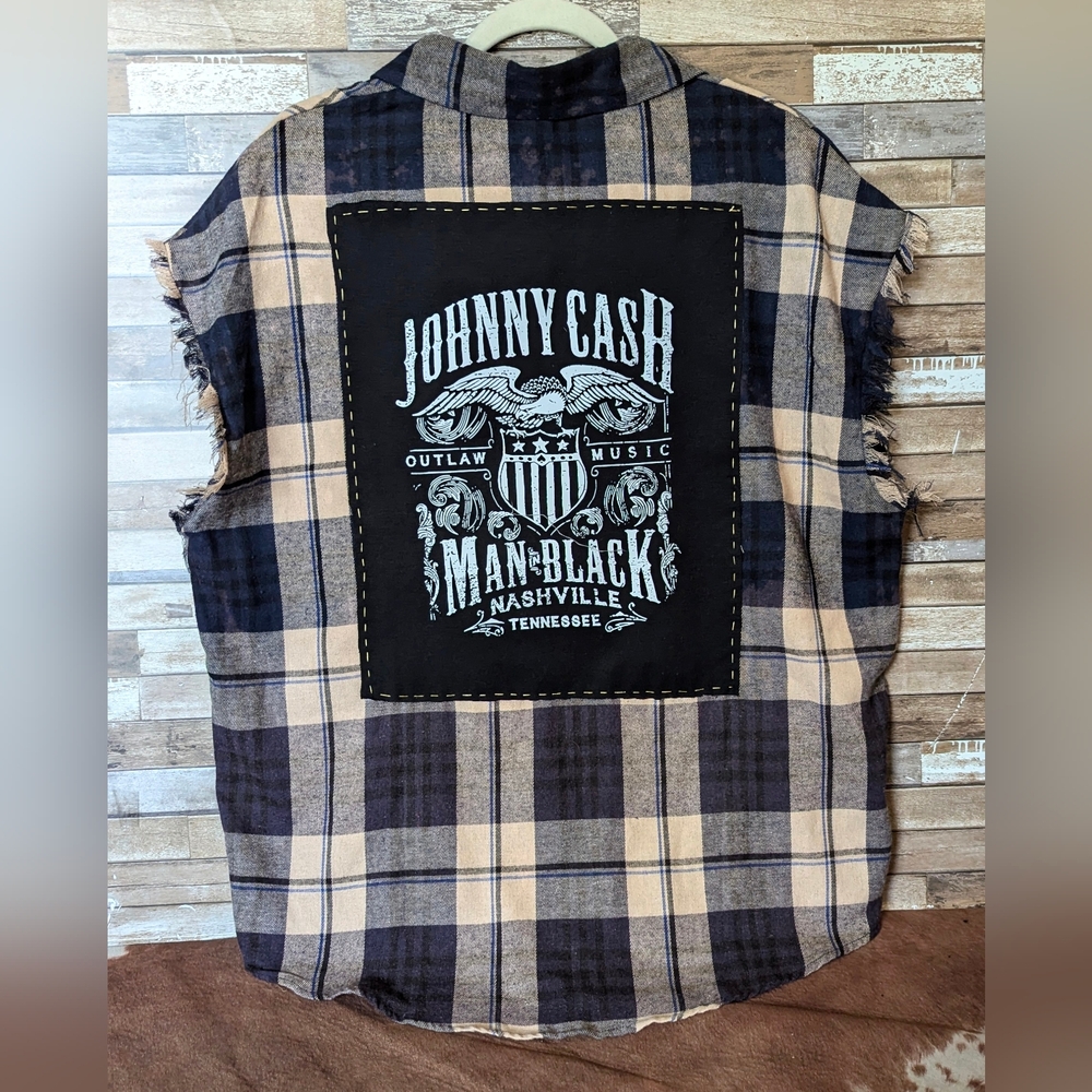 Johnny Cash Upcycled Sleeveless Fringed Flannel Shirt